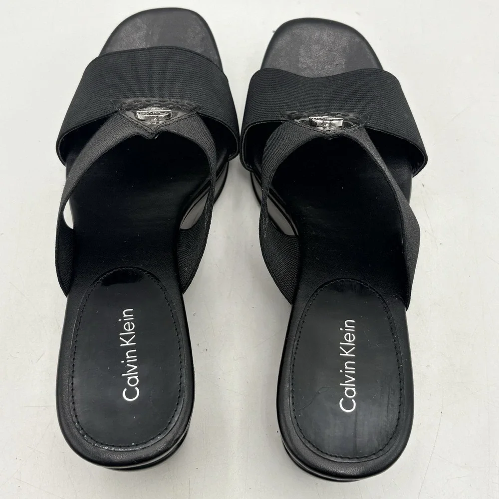 Calvin Klein Black Ying Sz 7 Stretchy Strap Open Platform Sandals Y2K 90s Slipon